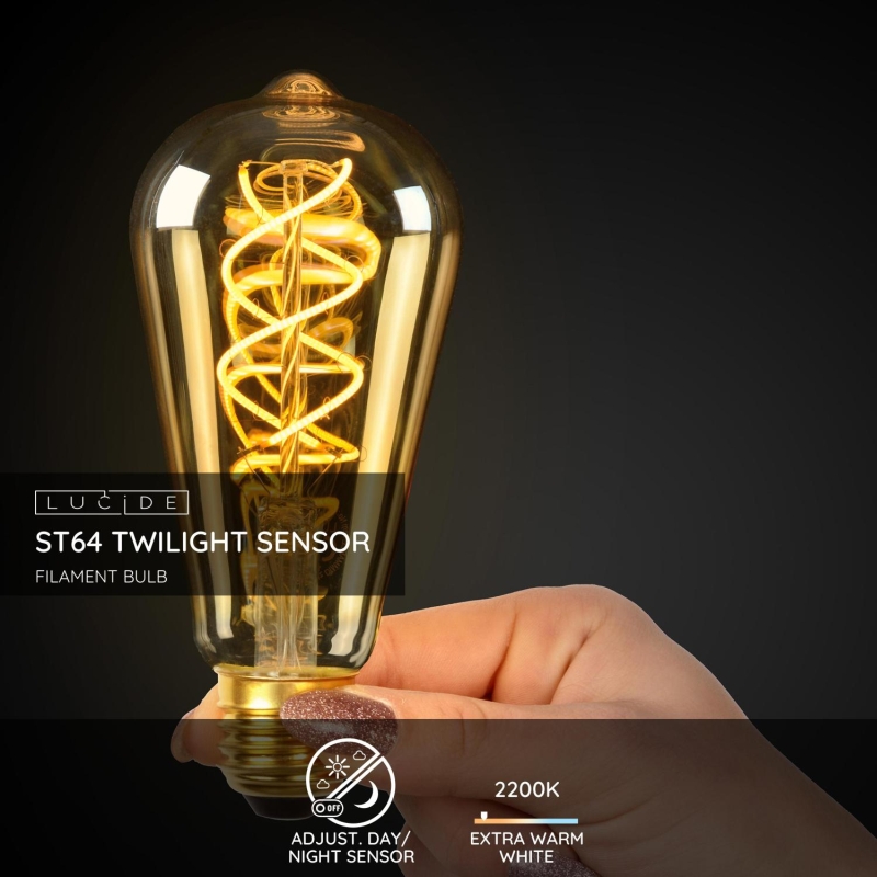 Lucide ST64 TWILIGHT SENSOR - Vláknová žiarovka Vonkajšia - Ø 6,4 cm - LED - E27 - 1x4W 2200K - Jantárová